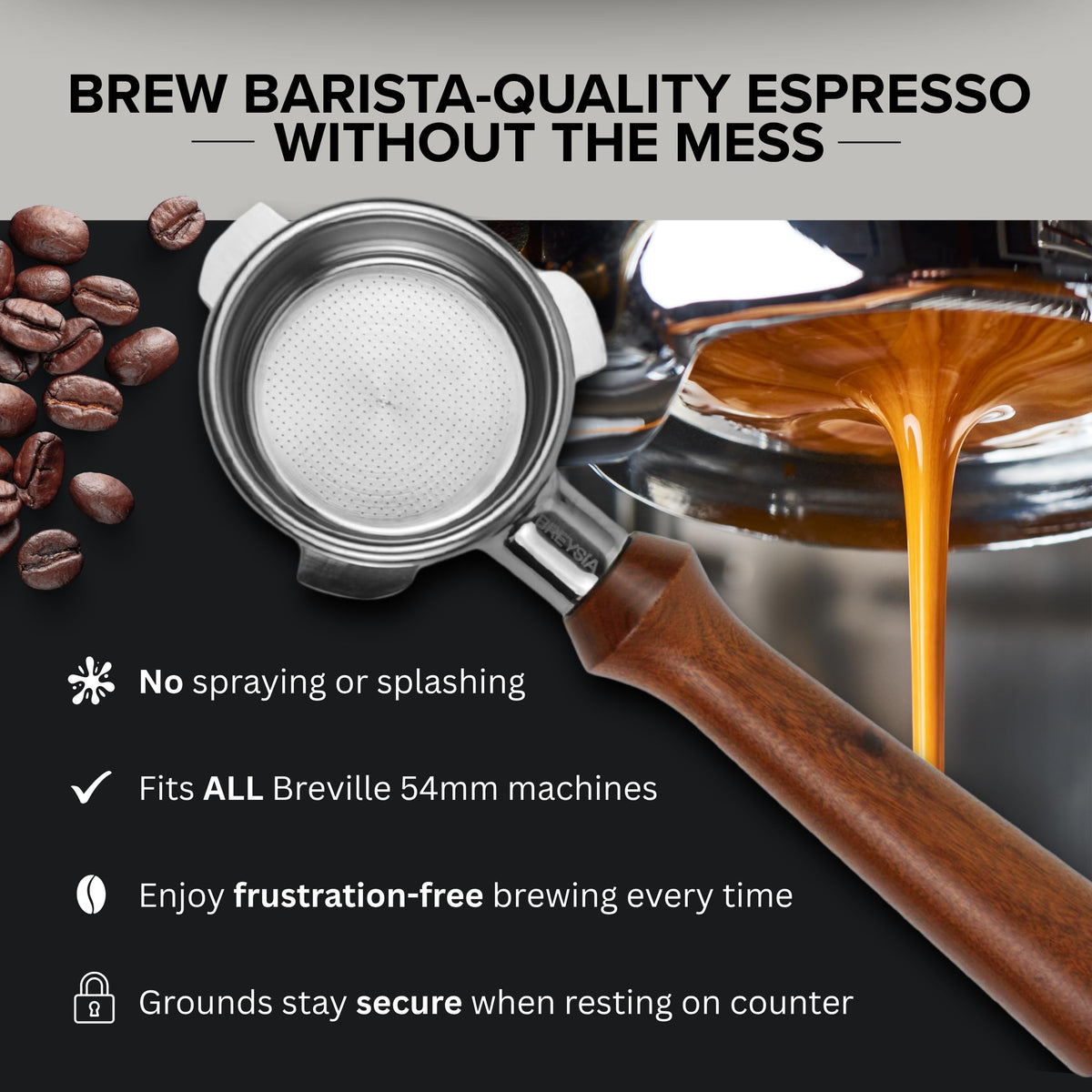 Breysia 18g double-shot basket ensuring even water distribution for balanced espresso.