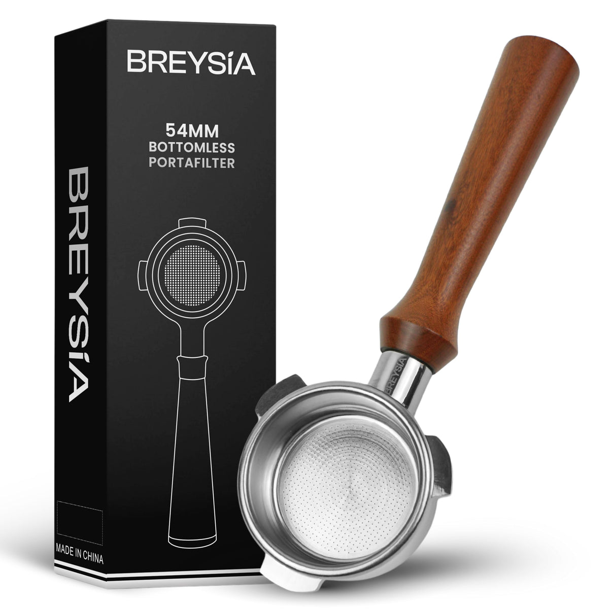 Breysia 54mm bottomless portafilter with rosewood handle for real-time extraction feedback.