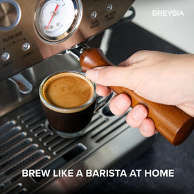 Breysia portafilter on counter demonstrating stable base and no wobble.