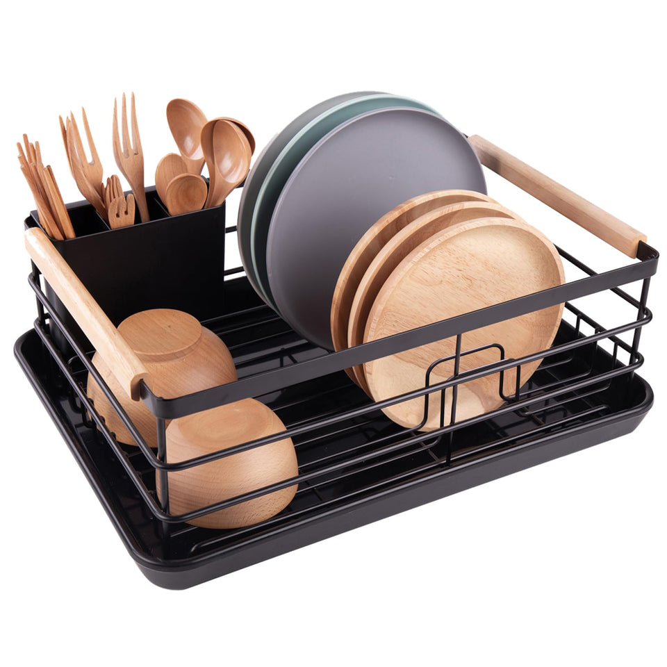 BRIAN & DANY dish drying rack with stainless-steel frame for durable countertop drying.