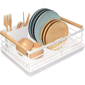 BRIAN & DANY dish drying rack with wooden handle keeps countertops tidy.