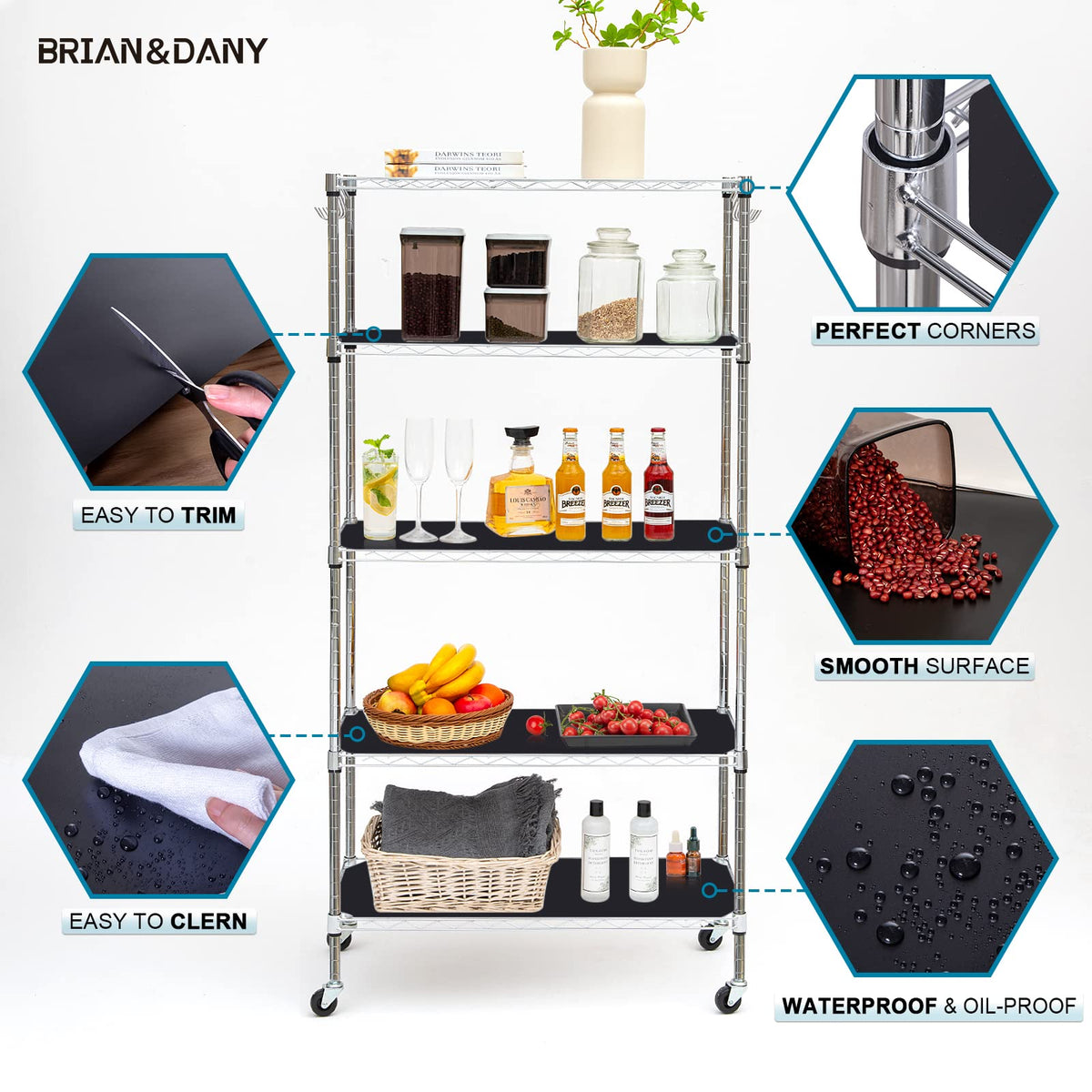 BRIAN & DANY waterproof liner protects lower shelves from spills