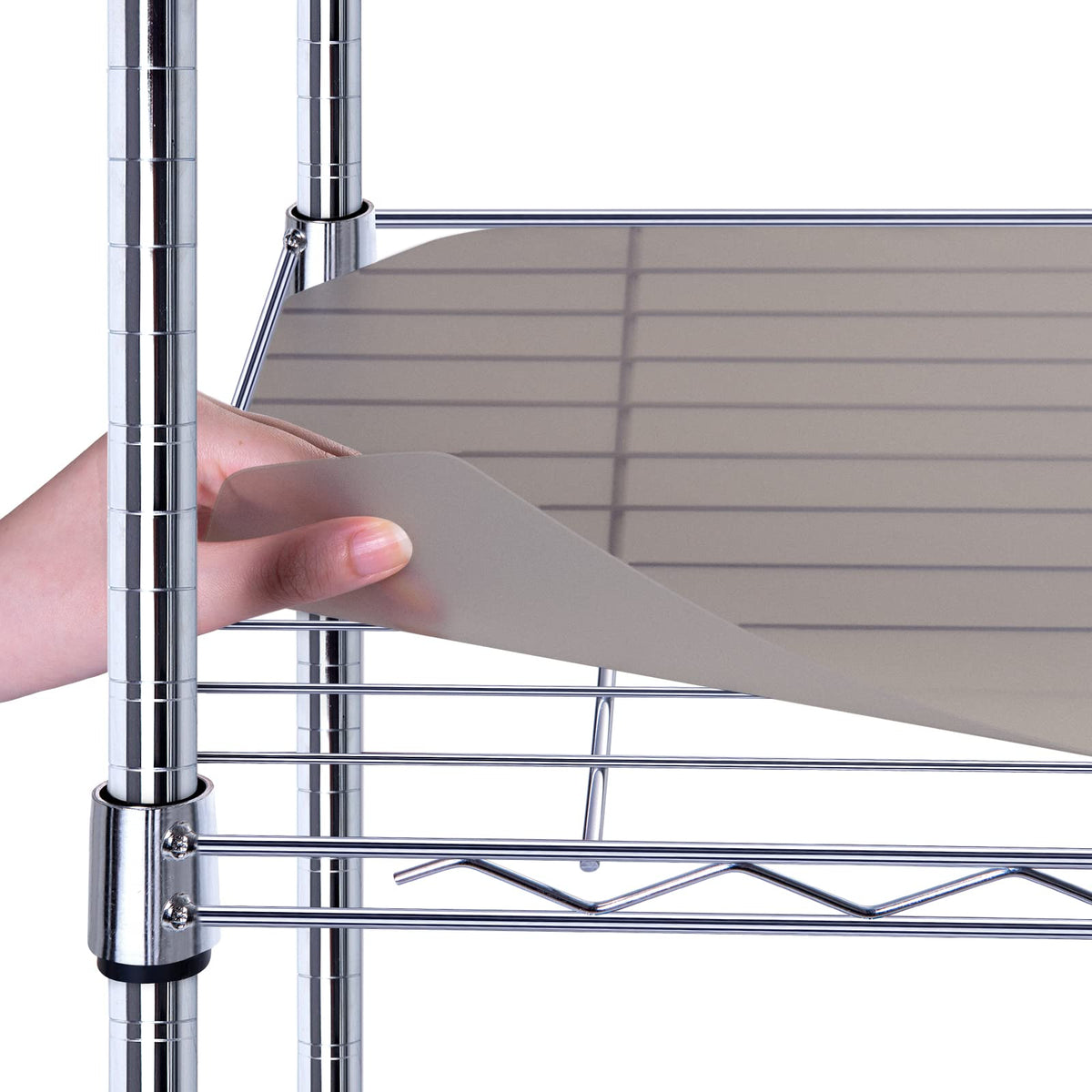 BRIAN AND DANY wire shelf liner on a metal shelf protects items from spills.