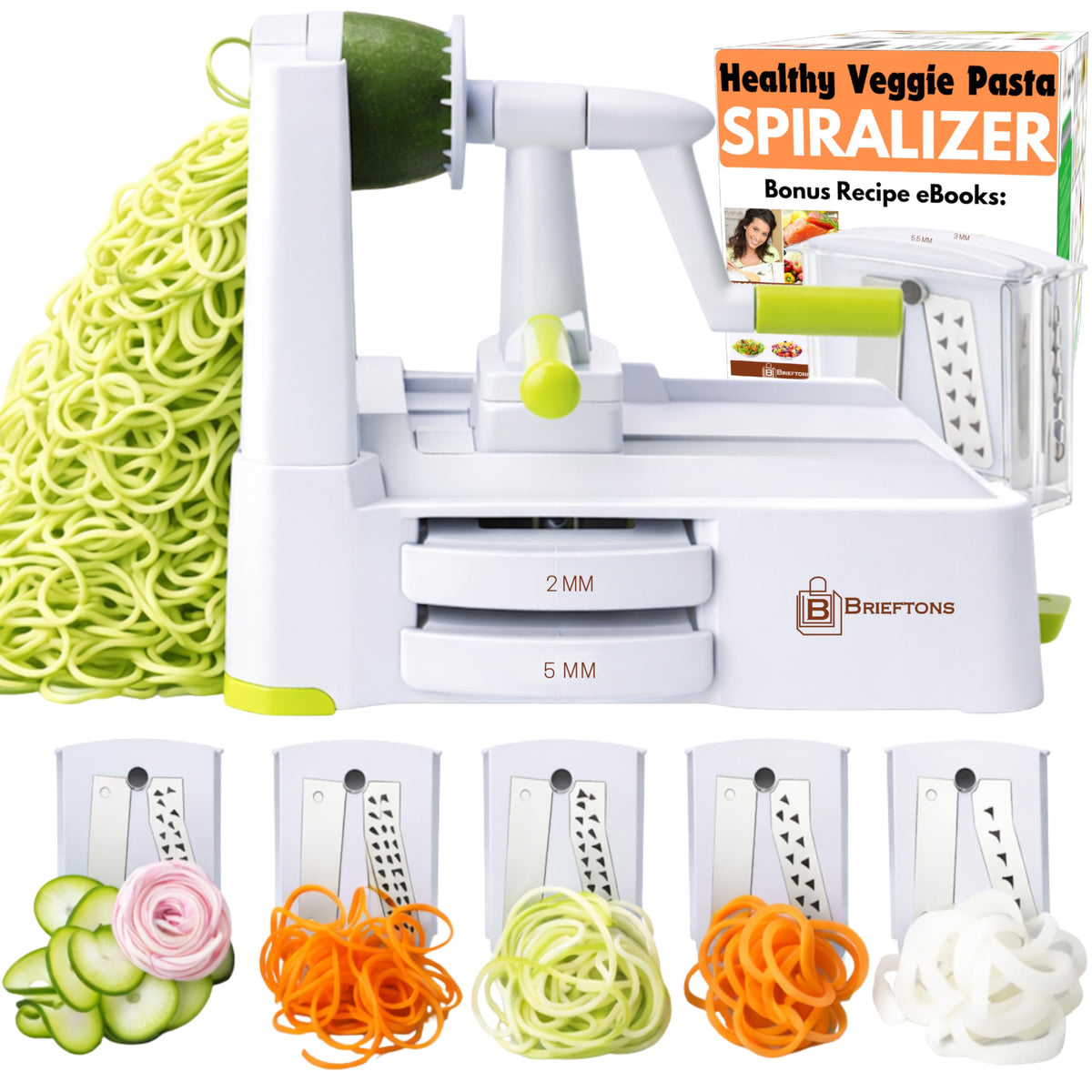 Brieftons 5-blade spiralizer with labeled blades for precise cuts.