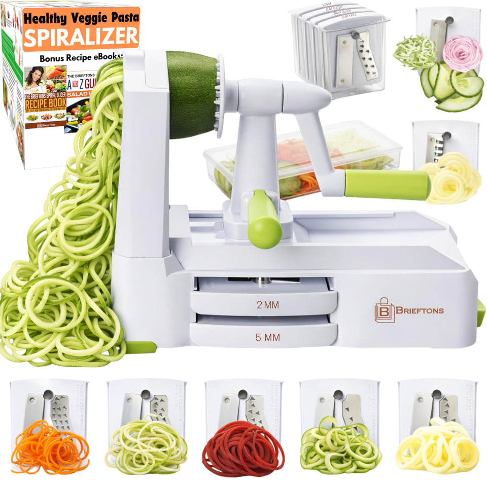 Brieftons 7-blade spiralizer with blades stored for quick setup