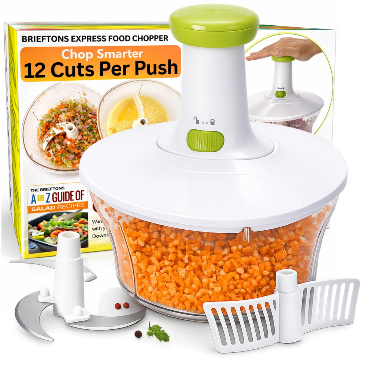 Brieftons Express manual chopper shown for effortless vegetable prep and quick meal ideas.