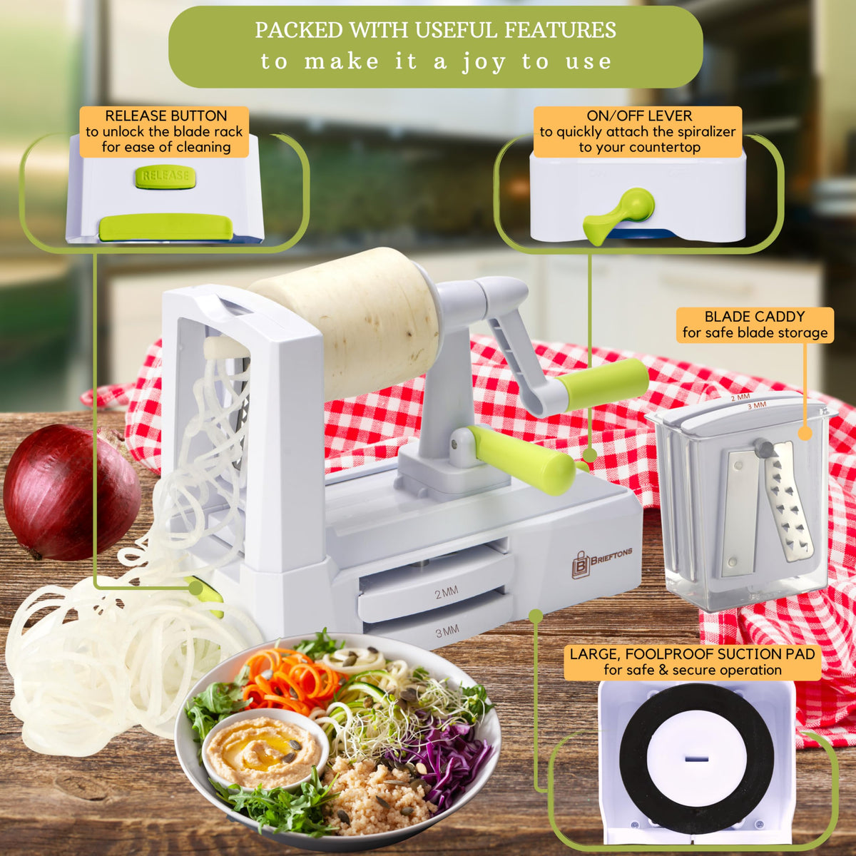 Brieftons spiralizer on countertop with strong suction pad for stability.