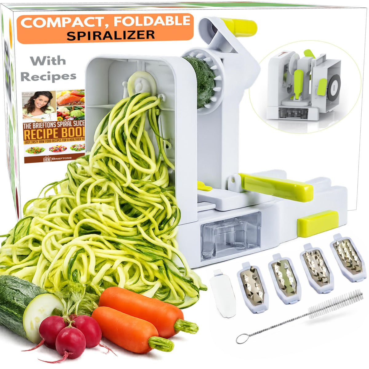 Brieftons QuickFold folded spiralizer saves counter space and stores easily.
