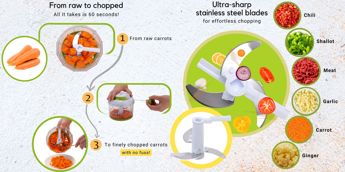 Brieftons QuickPull soft grip lid for comfortable, steady chopping
