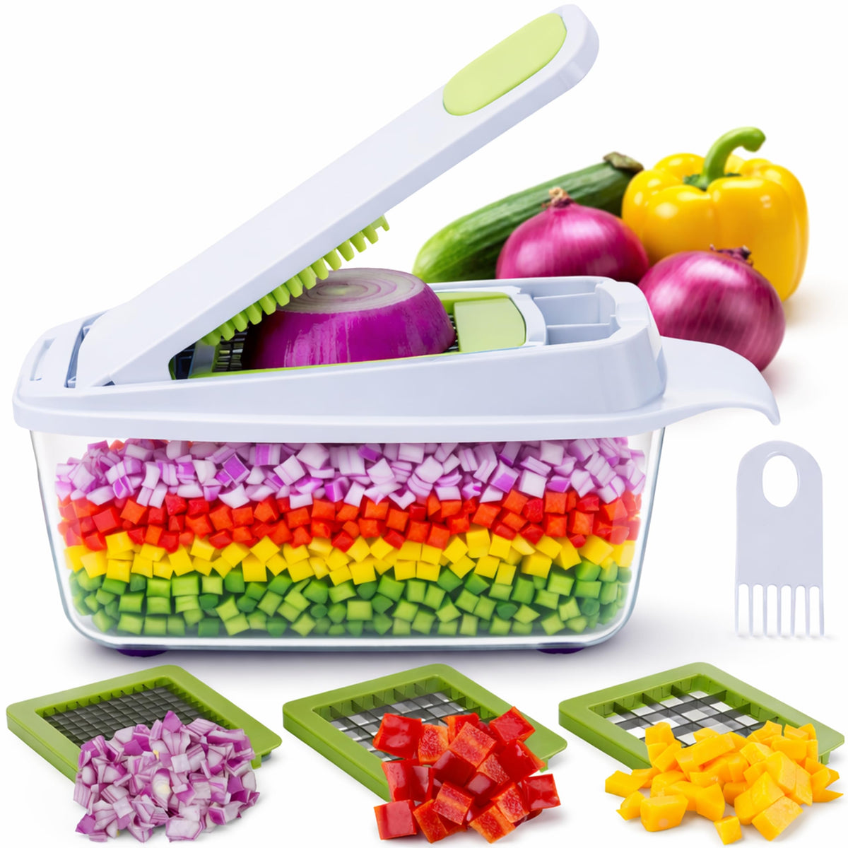 Brieftons QuickPush food chopper for fast, uniform vegetable dices.