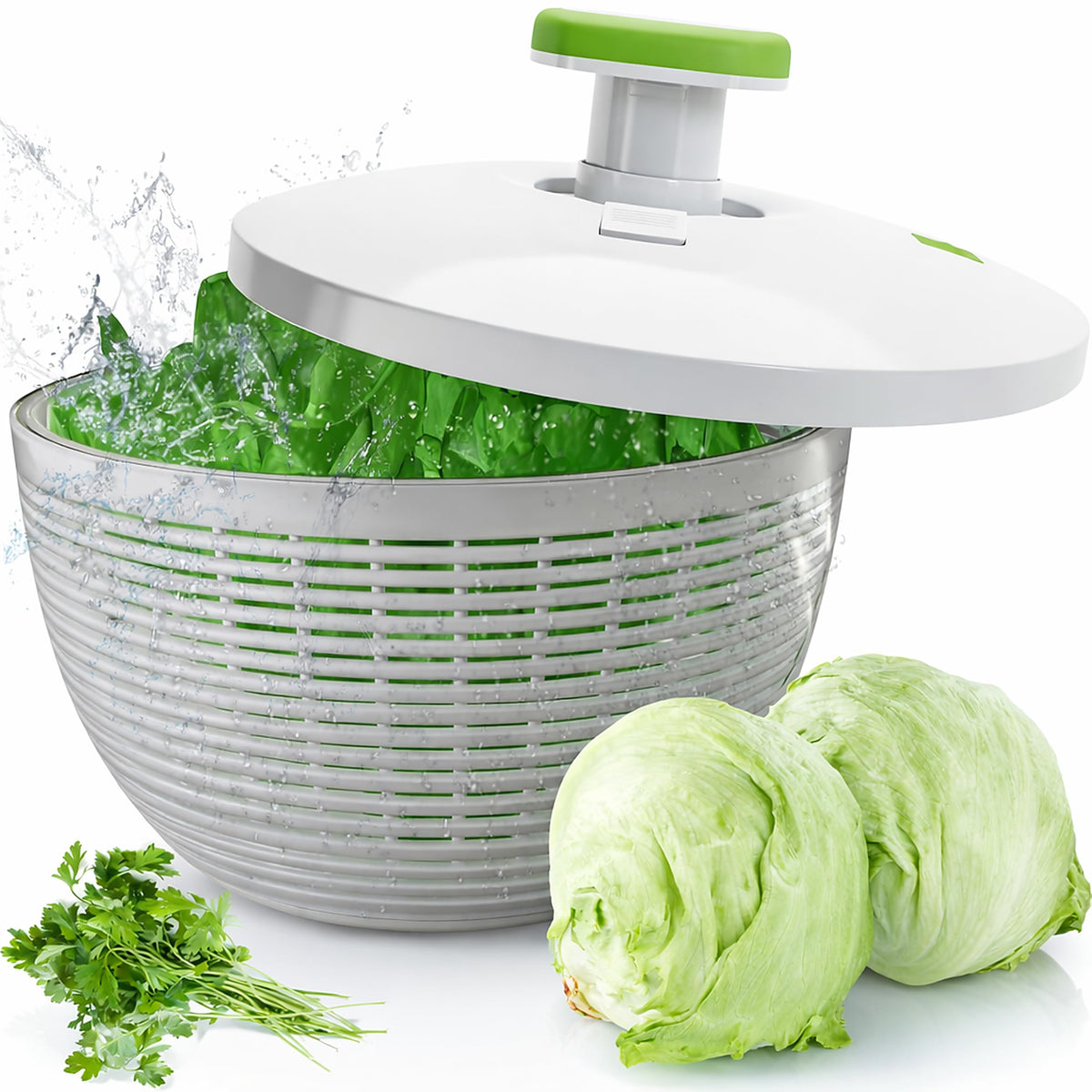 Brieftons salad spinner 6.2-quart bowl dries greens quickly.
