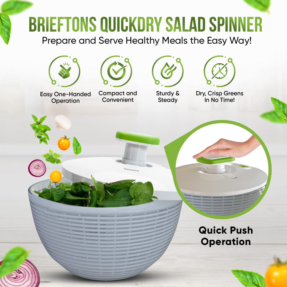 Brieftons salad spinner dryer basket helps dry herbs and vegetables efficiently.