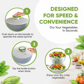 Brieftons salad spinner one-handed pump enables effortless washing.
