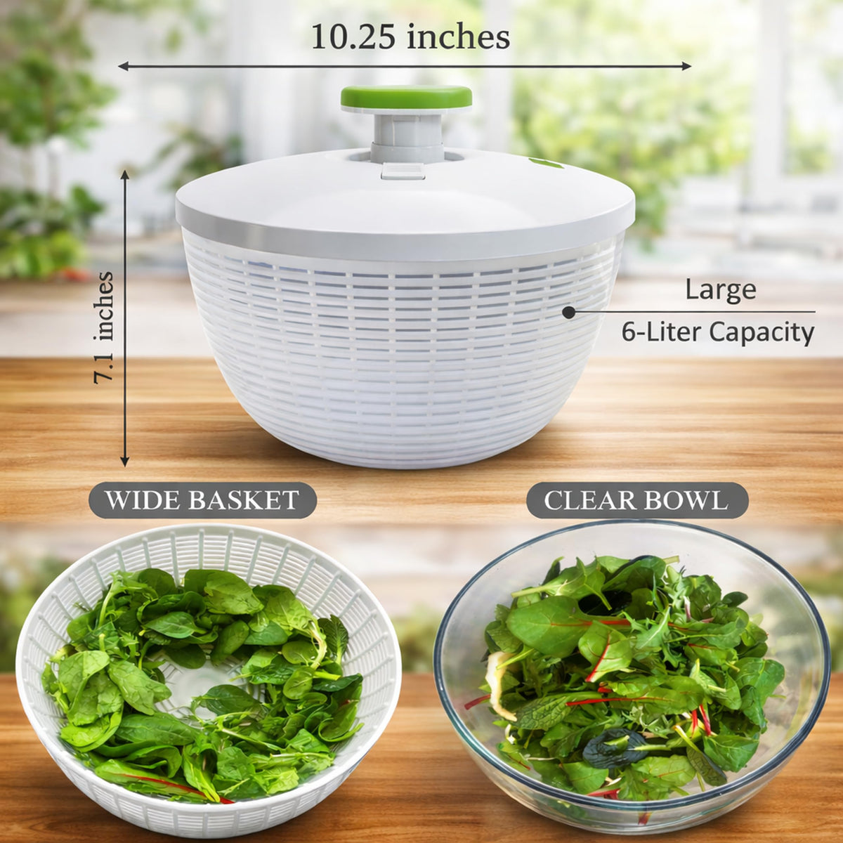 Brieftons salad spinner wide base provides stable operation.