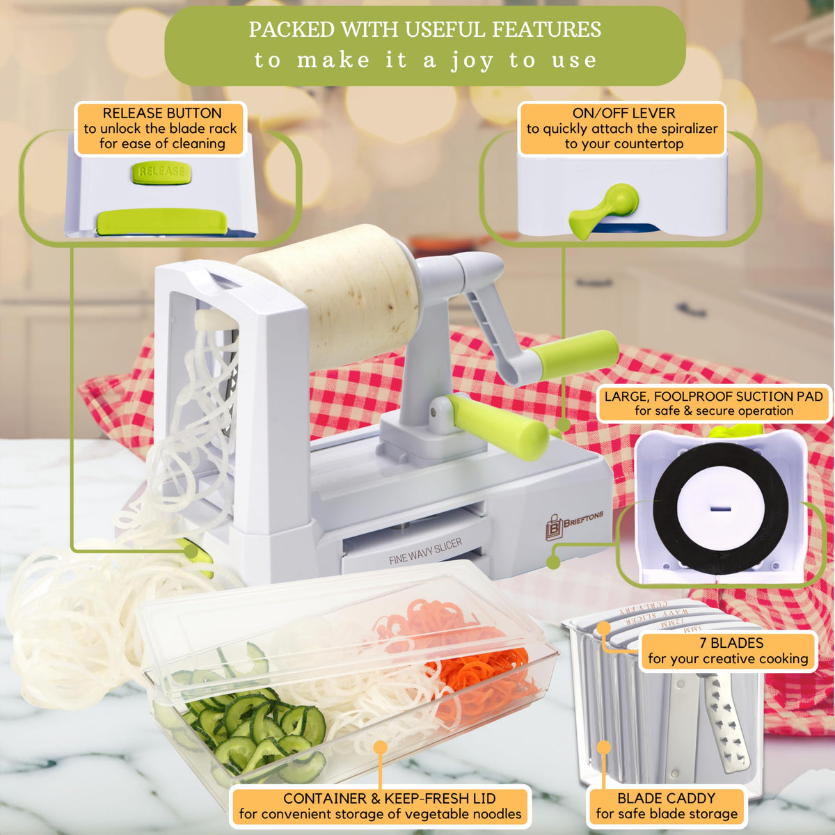 Brieftons zucchini noodles output directly into the catch container