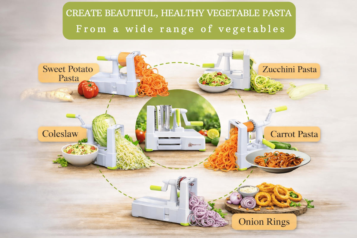 Brieftons spiralizer used on counter for quick veggie noodles.