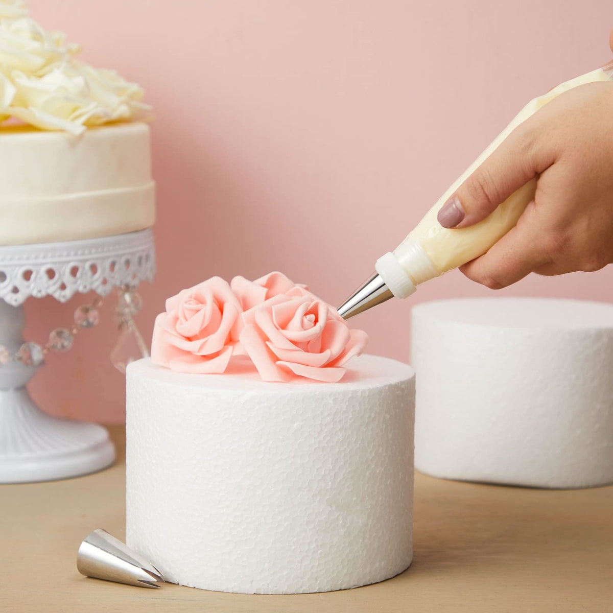 Bright Creations cake dummy foam cylinder pair ready for decorating practice.