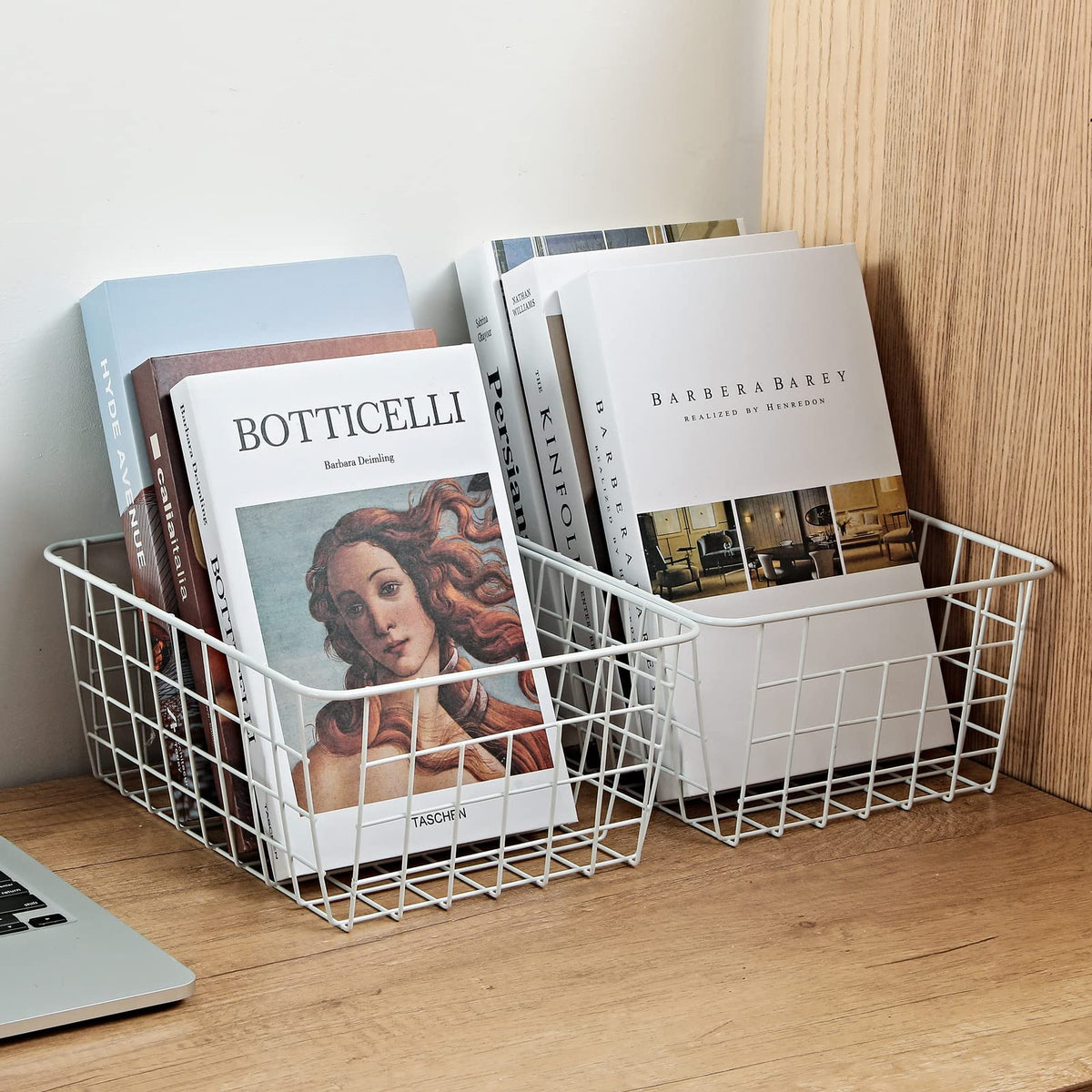 Brightalk stackable white wire bins maximize space in compact areas.