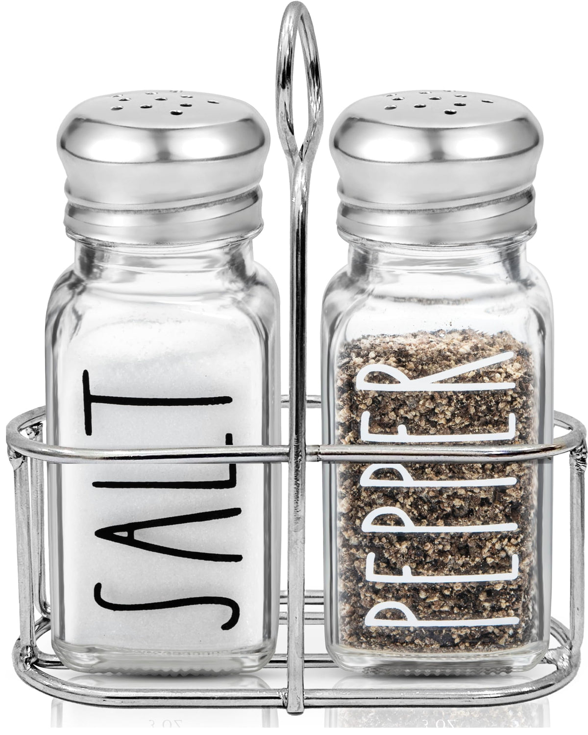 Brighter Barns clear glass salt and pepper shakers with holder for elegant table presentation.