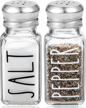 Brighter Barns clear glass salt shaker front view with stainless lid for precise seasoning.