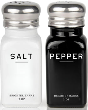 Brighter Barns salt and pepper set in glass with stainless lids, ideal for everyday seasoning