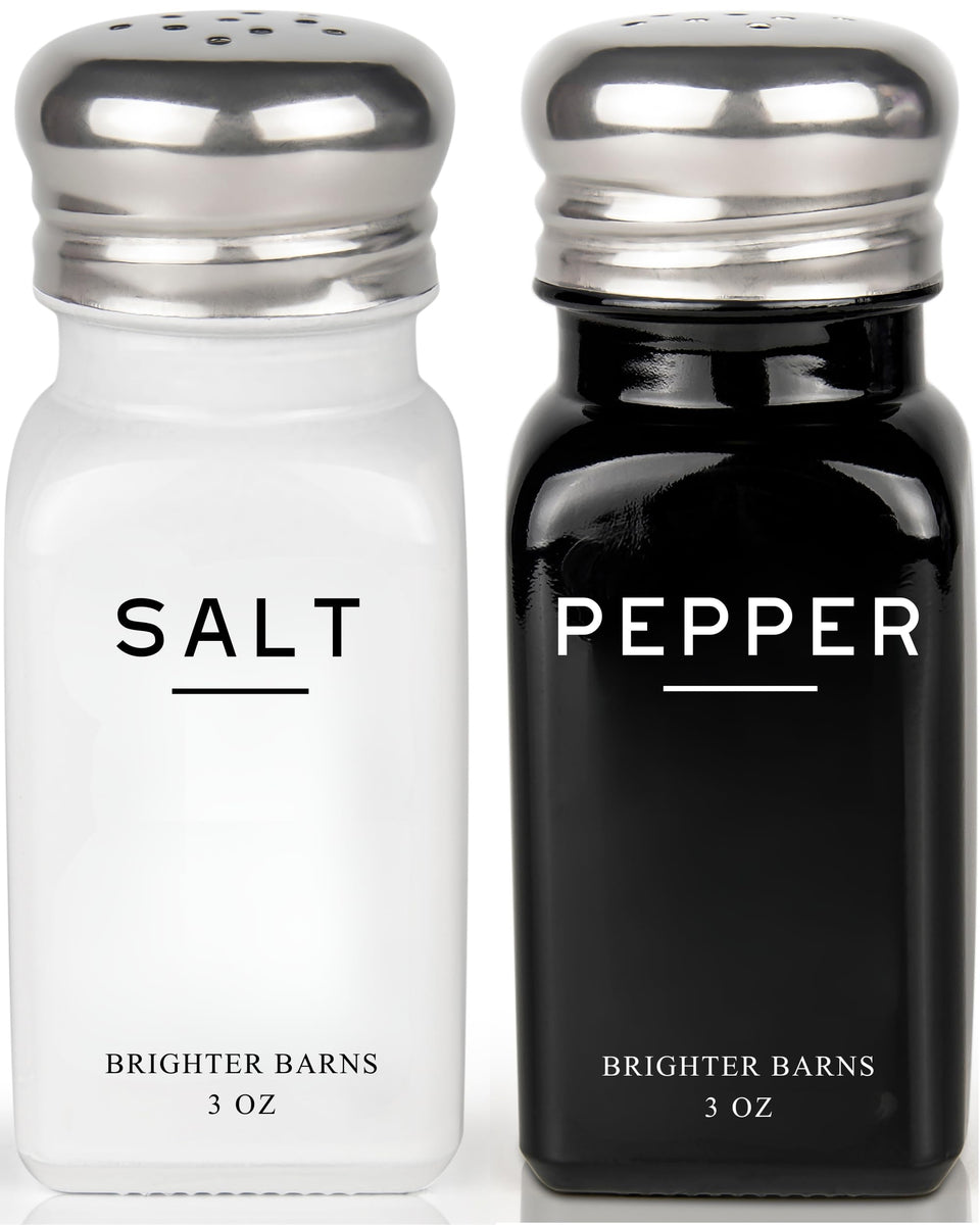 Brighter Barns salt and pepper set in glass with stainless lids, ideal for everyday seasoning