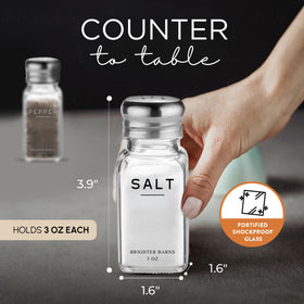 Brighter Barns glass salt pepper shakers closeup highlights easy-to-clean glass and lids