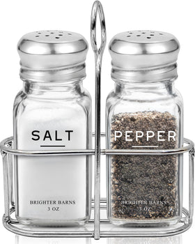 Brighter Barns glass salt and pepper set with holder on a modern kitchen counter