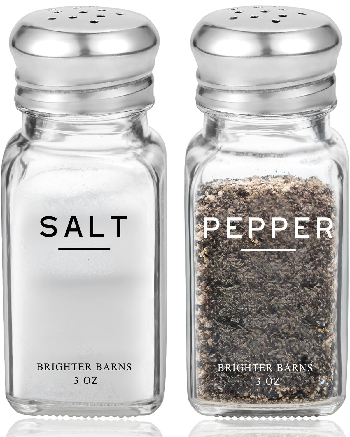 Brighter Barns Glass Salt Pepper Shakers Set on counter for stylish home seasoning