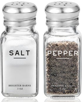 Brighter Barns Glass Salt Pepper Shakers Set on counter for stylish home seasoning