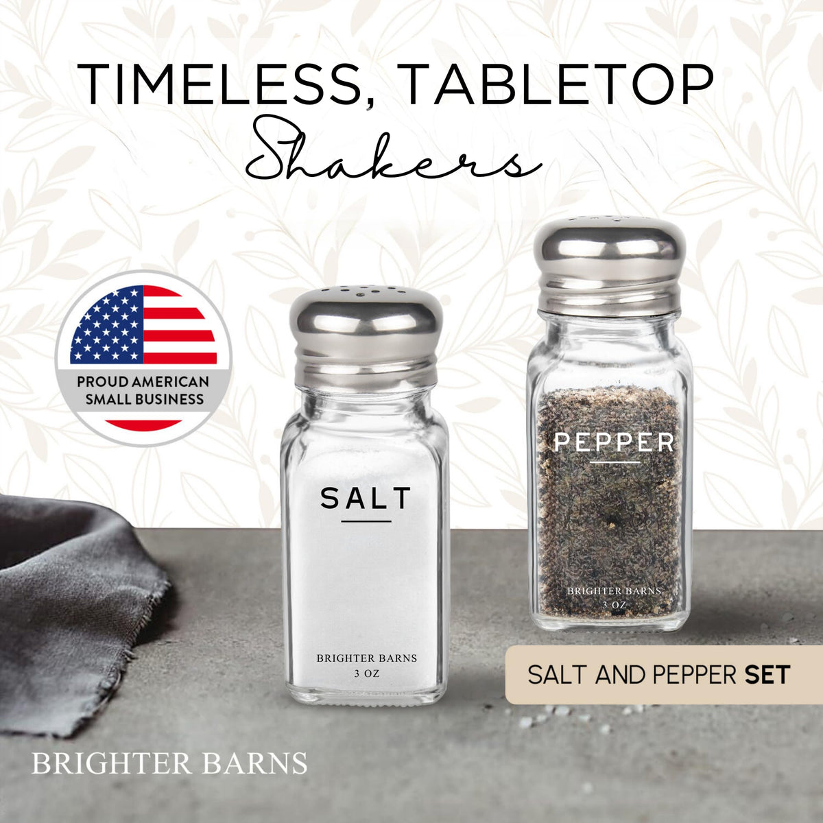 Brighter Barns glass salt pepper shakers top view showcases smooth pours