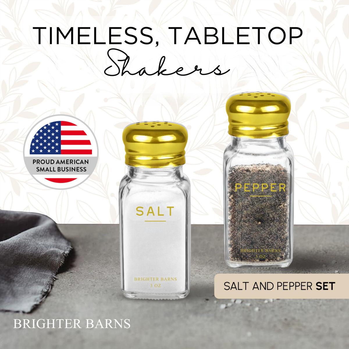 Brighter Barns gold salt and pepper set glass bottles allow clear visibility for seasoning