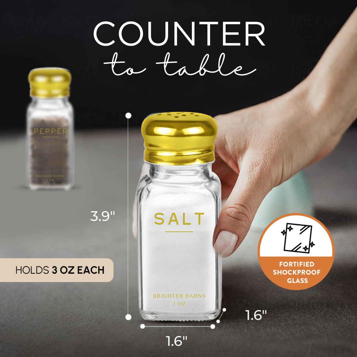Brighter Barns gold salt and pepper set with stainless lids prevents spills during use