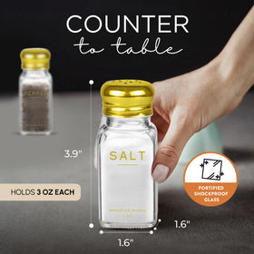 Brighter Barns gold salt and pepper set with stainless lids prevents spills during use