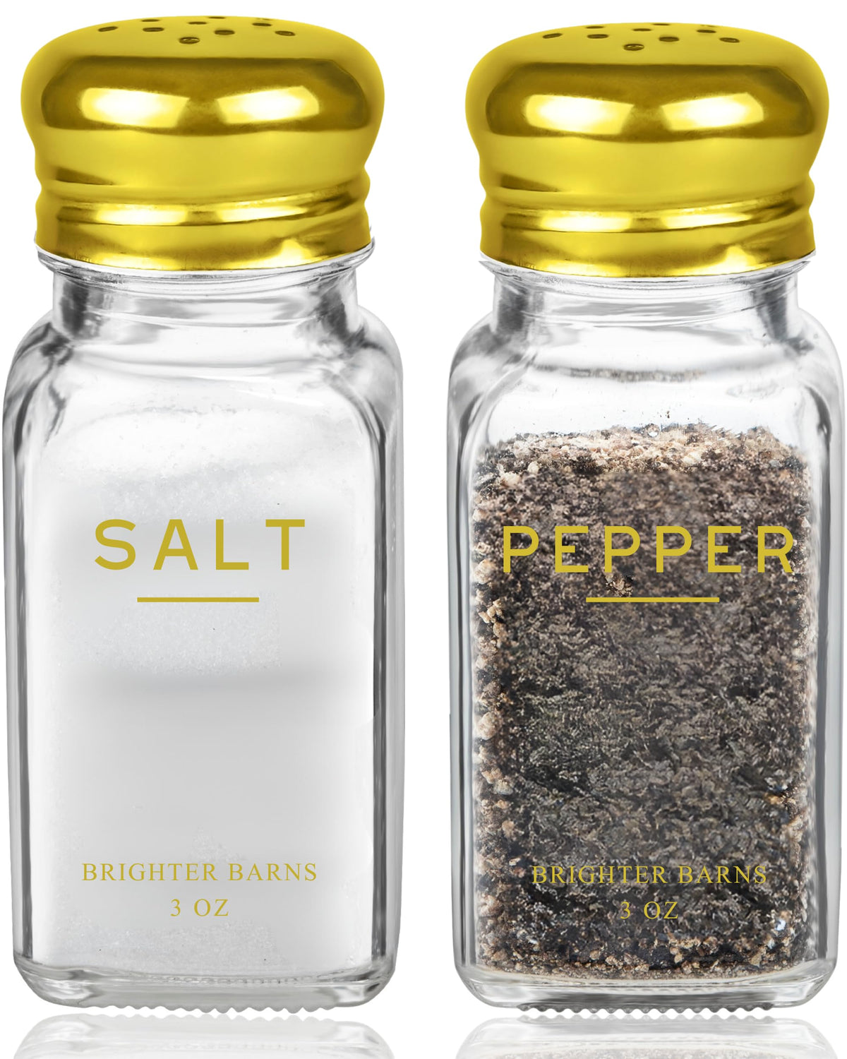 Brighter Barns gold salt and pepper set top view showcases sleek glass bottles and gold accents