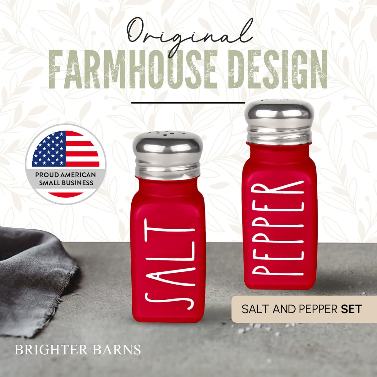 Handwash-only Brighter Barns shakers with clear glass finish.