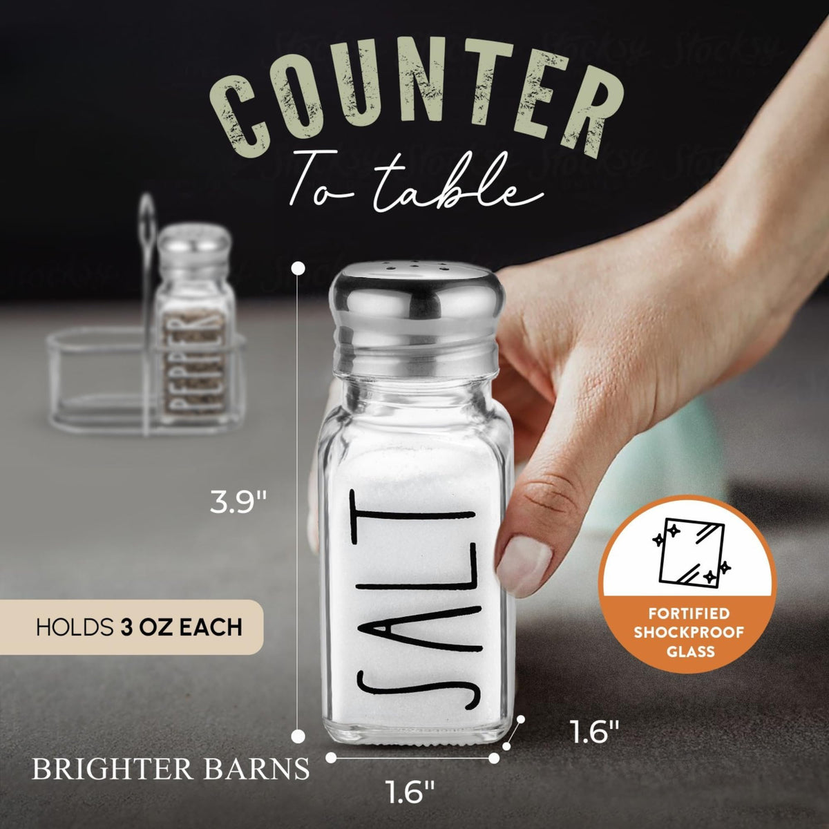 Brighter Barns salt and pepper shakers feature precise pours with 304-grade stainless steel lids.
