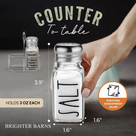 Brighter Barns salt and pepper shakers feature precise pours with 304-grade stainless steel lids.