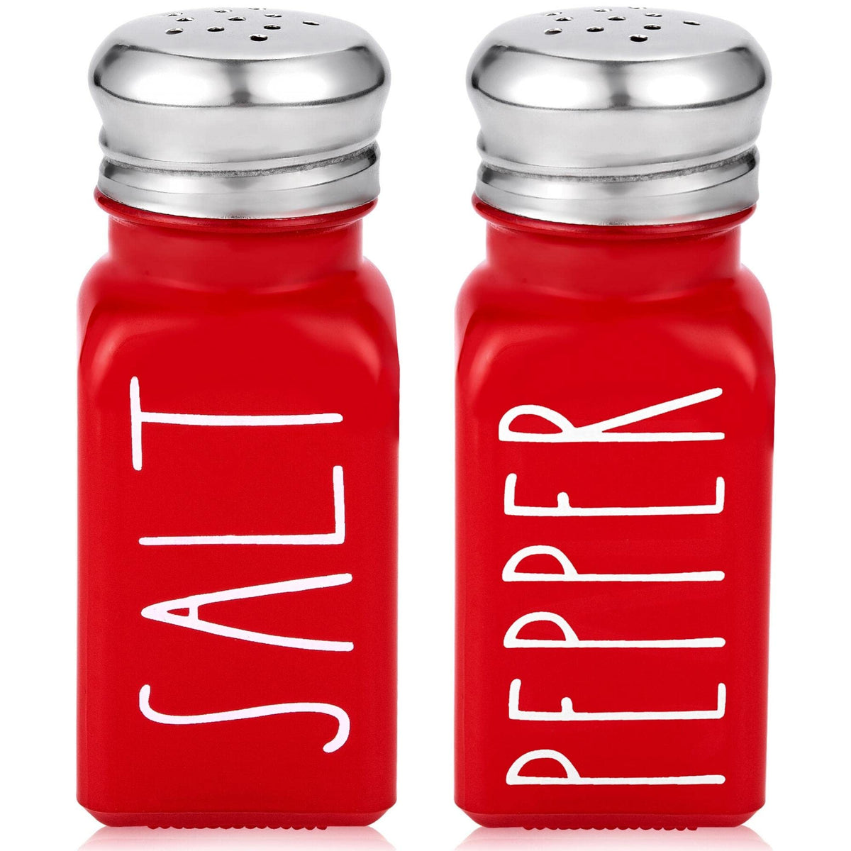 Brighter Barns red salt and pepper shakers set on a kitchen counter, elevating farmhouse style.