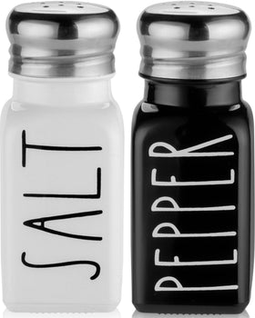 Brighter Barns salt and pepper shakers with glass body and lids for precise seasoning.