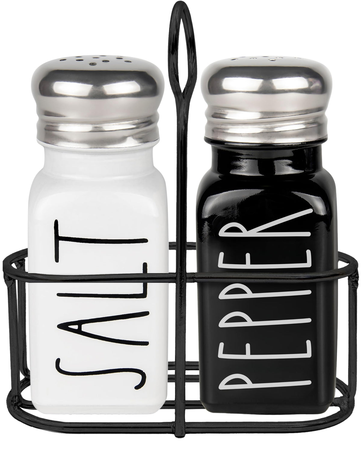 Brighter Barns salt and pepper shakers with holder on a kitchen counter, elegant dining.
