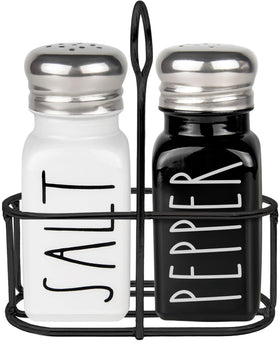 Brighter Barns salt and pepper shakers with holder on a kitchen counter, elegant dining.
