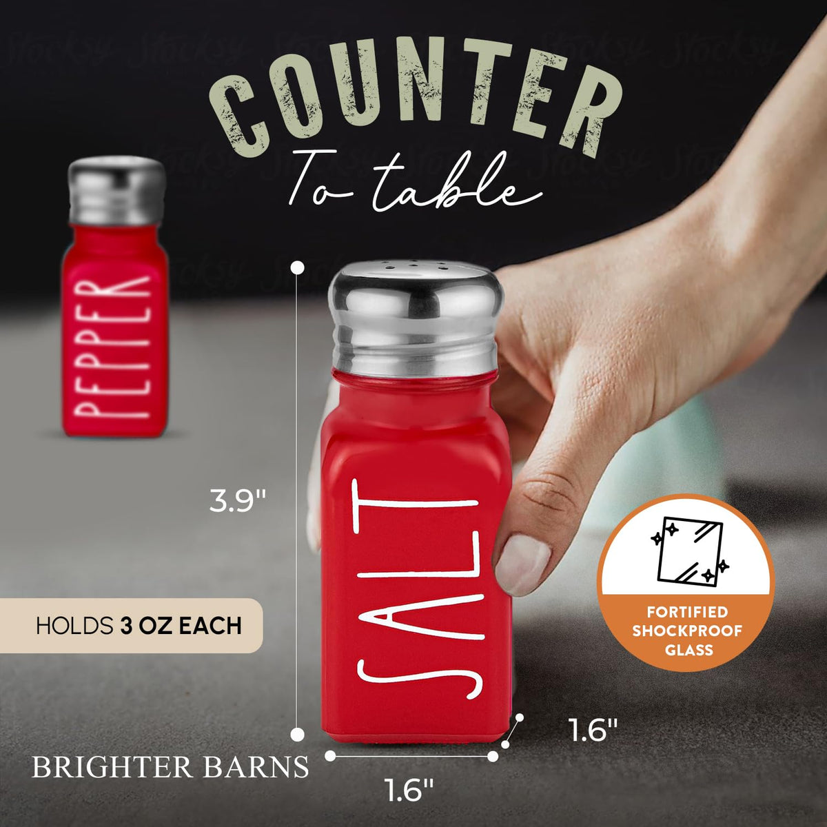 Brighter Barns shakers showing stainless steel lids delivering controlled seasoning pours.