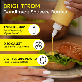 BrightFrom condiment bottle with twist cap shown for ketchup and mustard.