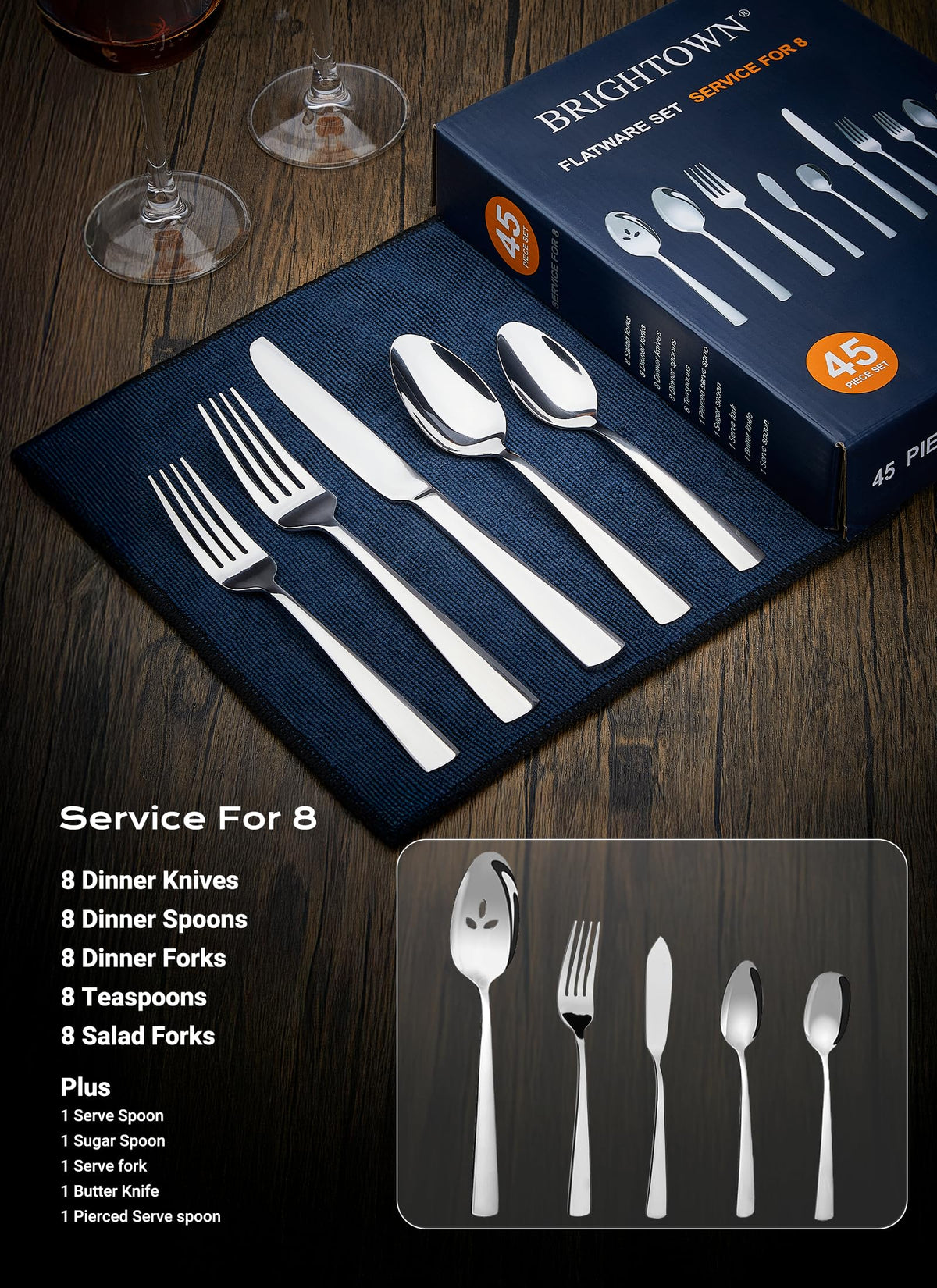Brightown 45-piece flatware set serving spoons versatile for soups