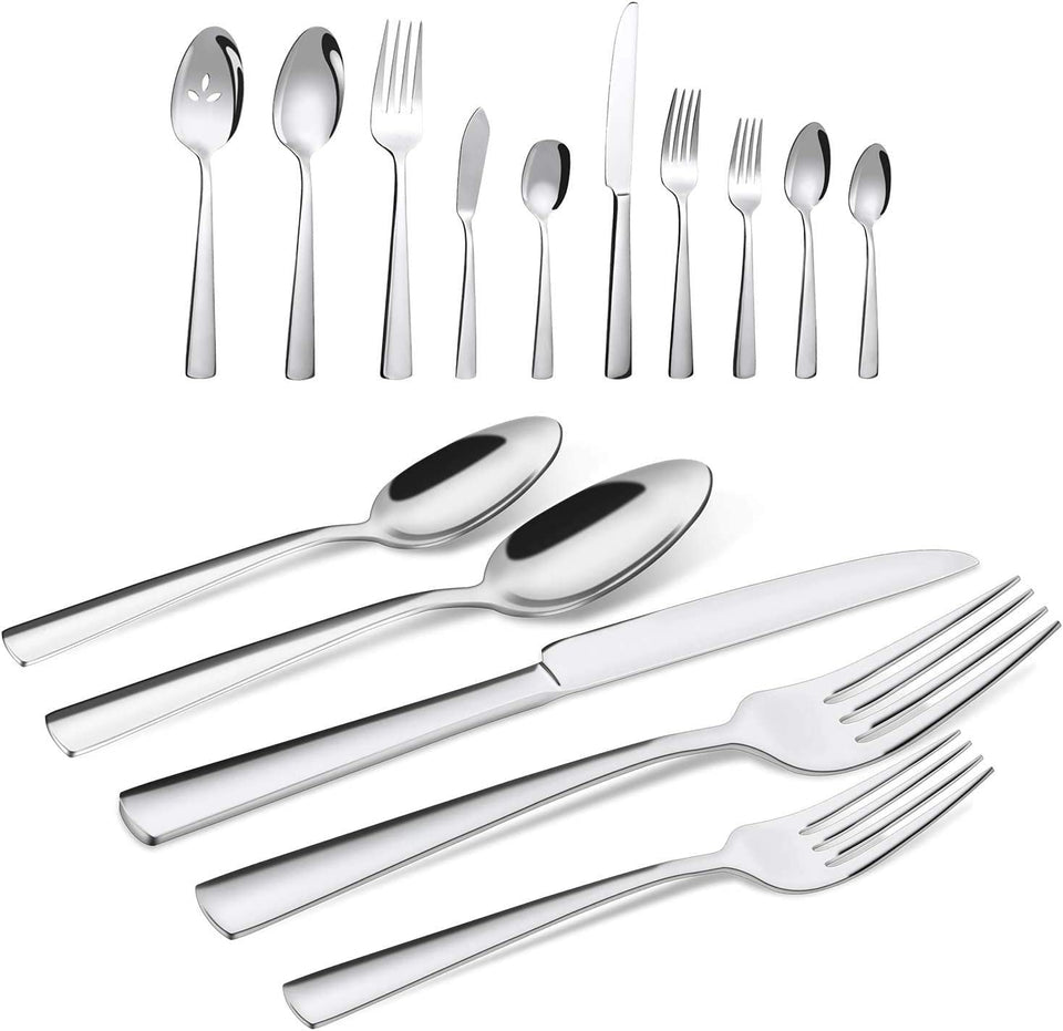 Brightown 65-piece silverware set displayed on a dining table to show complete dinnerware look