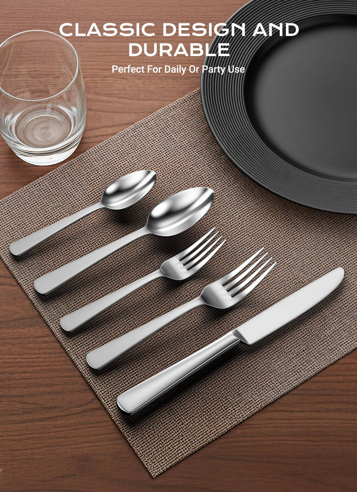 Brightown dinner spoon and fork close-up, durable stainless steel for everyday use.