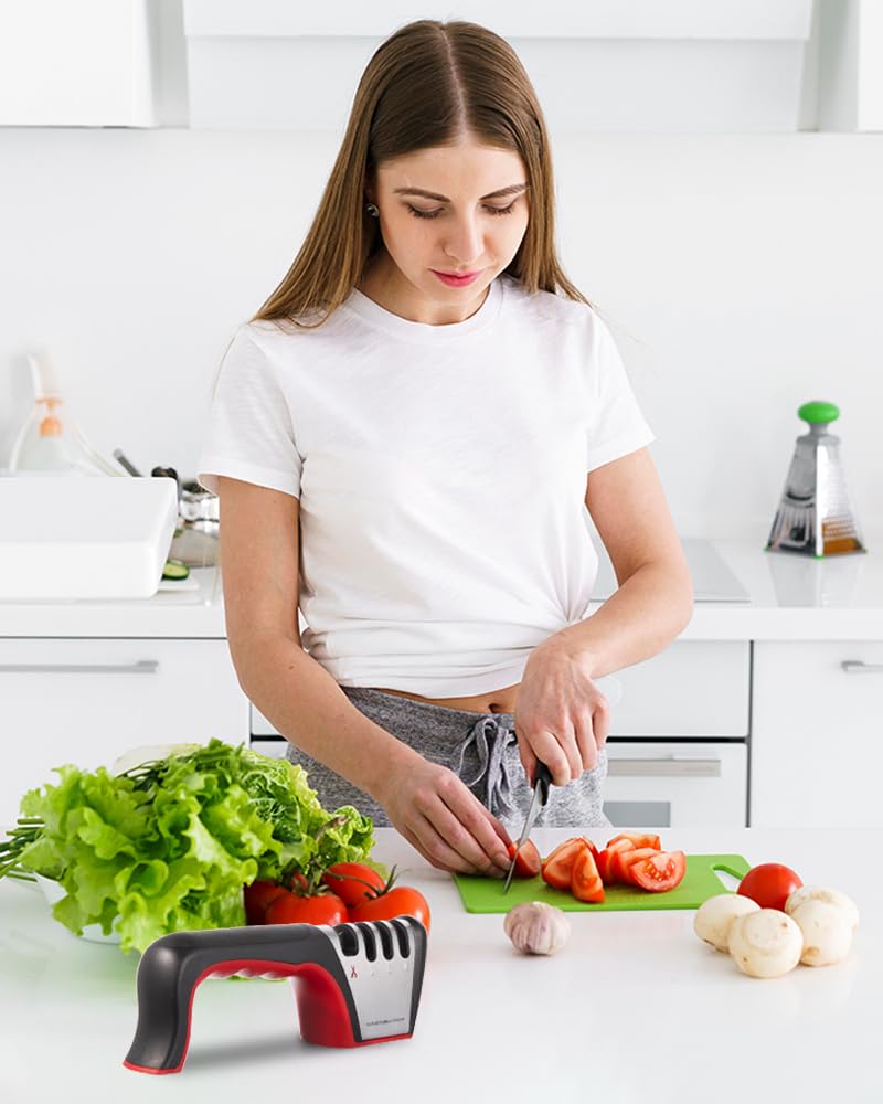 Brigii 4-in-1 knife sharpener blade compatibility for diverse kitchen tools.