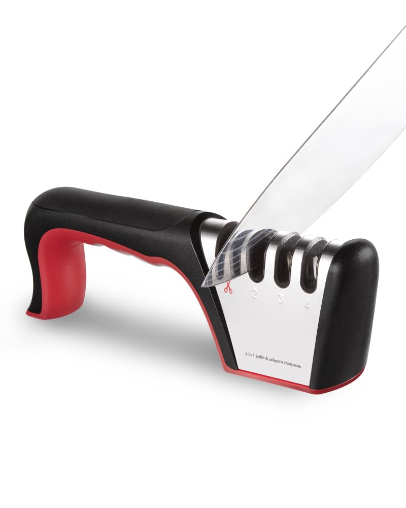 Brigii 4-in-1 knife sharpener with a comfortable handle grip for precise sharpening.