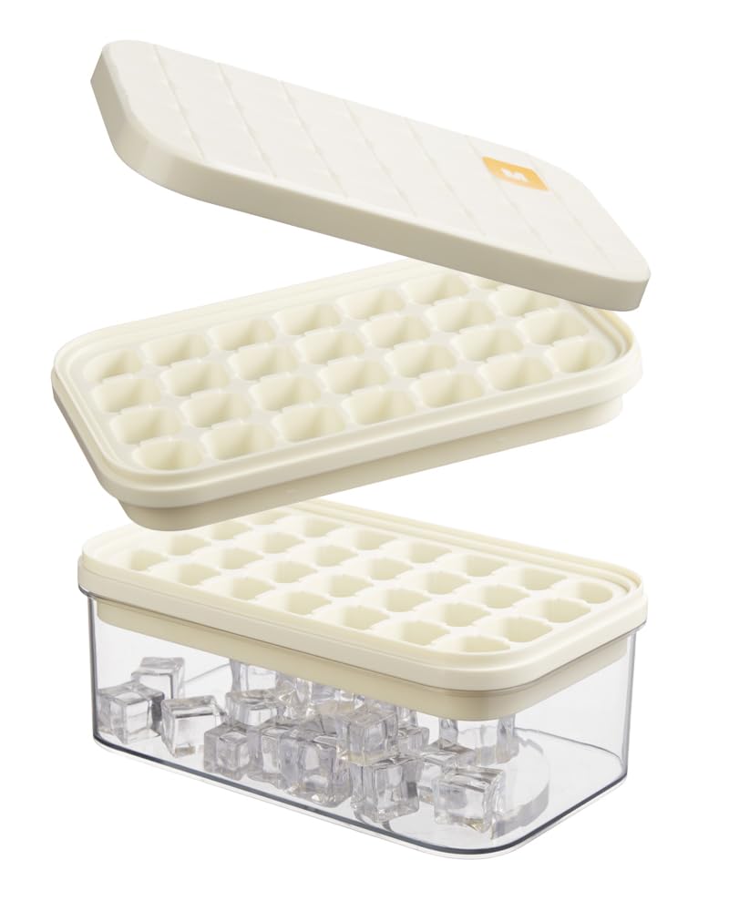 Brigii ice cube tray with lid and bin, compact and stackable for easy freezer organization.